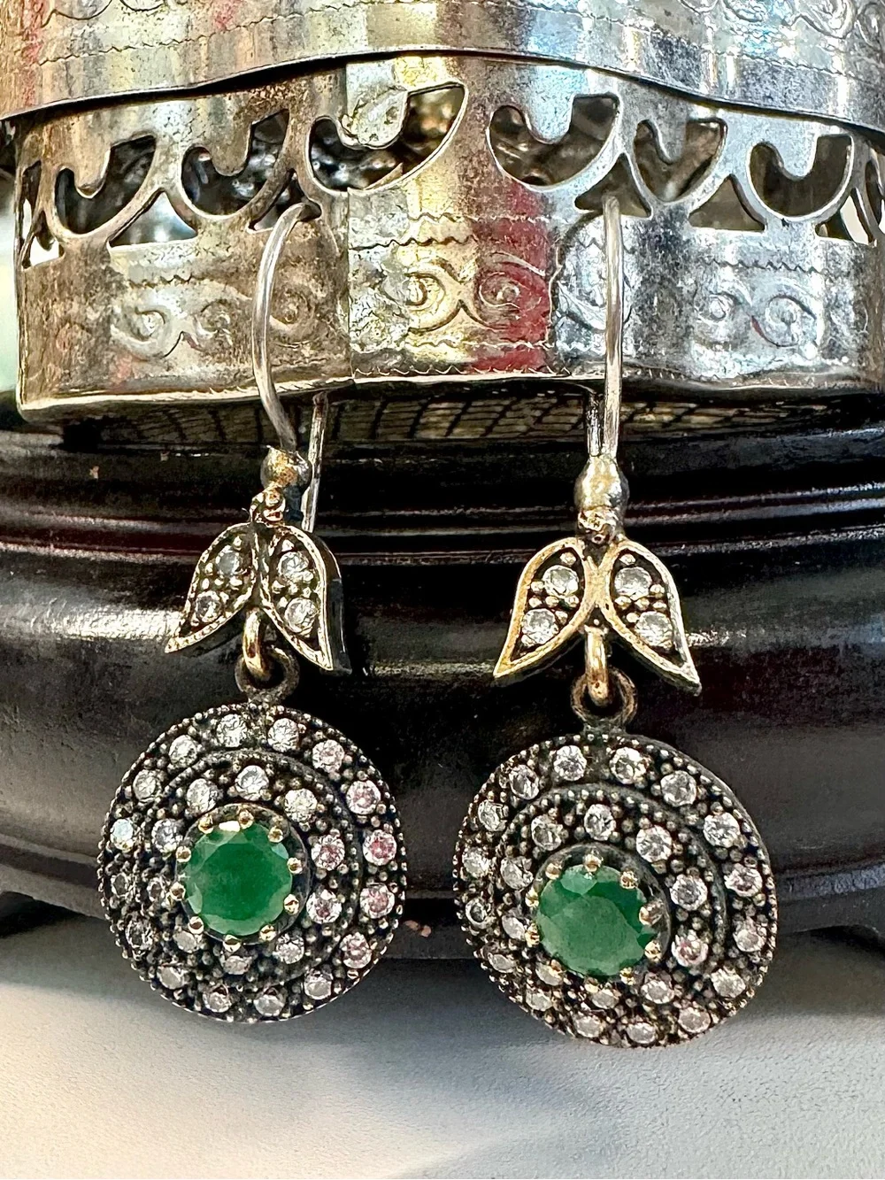 Vintage Ottoman Sterling Silver Emerald Hurrem Sultan Dangle Earrings